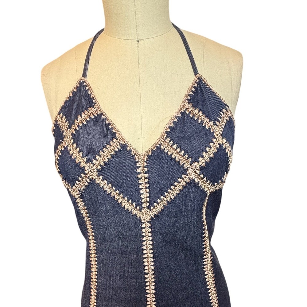 Boho Crochet Ashley Stewart Denim Halter Dress Midi Blue Vintage - Picture 6 of 12